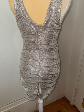 Express Metallic Silver Ruched V-Neck Mini Dress